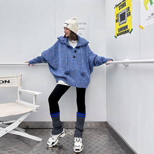 WANG花纱阔形蓝色毛衣女软糯舒适氛围感慵懒风 LEDIM 明星同款