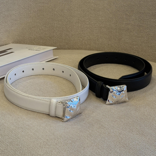 黑白双色腰带 新款 LEDIM WANG创意几何凹凸金属扣皮带女2026春季