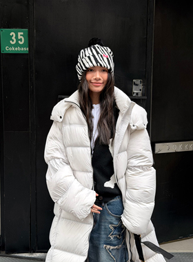 LEDIM WANG白标/泡芙鹅绒长款羽绒服女象牙灰保暖百搭外套25秋冬