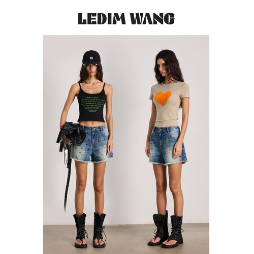 LEDIMWANG手工宝石钉钻牛仔短裤