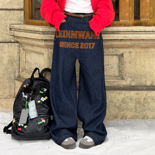 25秋冬新款 LEDIM 女藏蓝色宽松阔腿长裤 掉裆牛仔裤 WANG复古美式