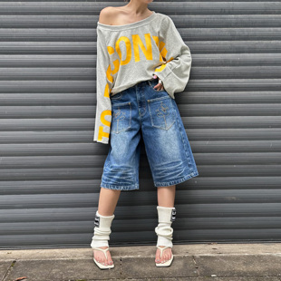 女春季 WANG白标牛仔七分裤 LEDIM 牛仔蓝直筒中裤 明星同款