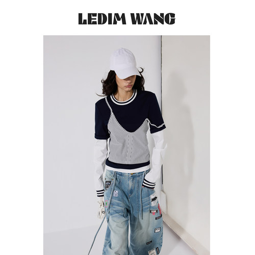 LEDIMWANG学院风假两件长袖T恤