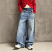 2026春新款 WANG双腰阔腿女牛仔蓝叠穿宽松长裤 刘恋同款 LEDIM