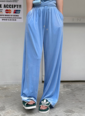 【于文文同款】LEDIM WANG白标/丝绒松紧休闲裤女夏蓝色直筒长裤