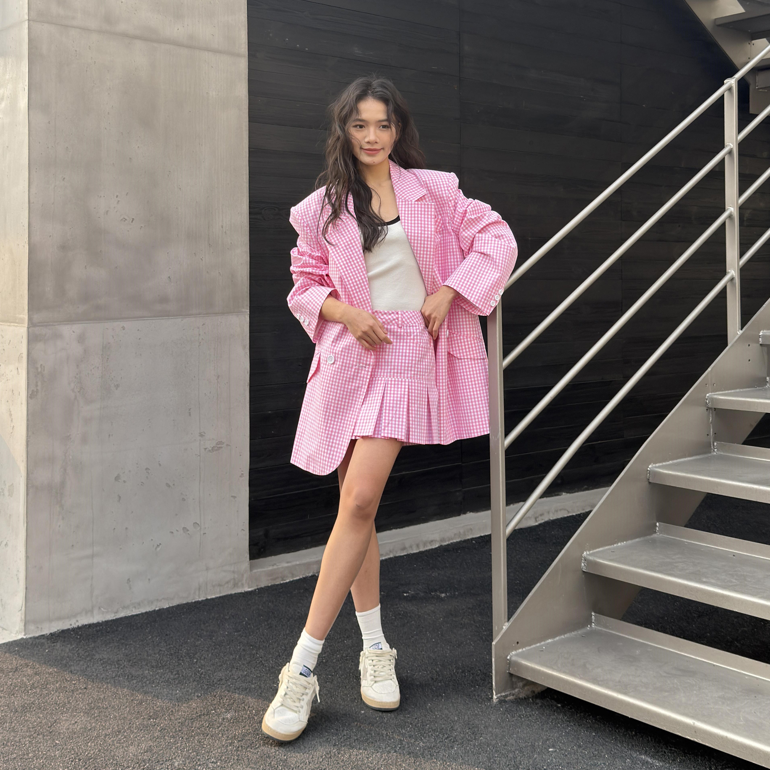 LEDIM WANG学院风粉色西服短裙时尚套装女通勤格纹阔版2026春新款,女装/女士精品,时尚套装,淘宝优惠券,粉丝福利购,淘宝优惠卷