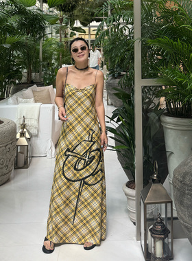 LEDIM WANG【白标系列】格纹印花A摆吊带连衣裙女夏长裙黄色新款