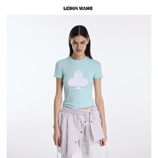 显瘦上衣2026春夏新款 T恤女薄荷绿修身 WANG毛绒撞色短袖 LEDIM