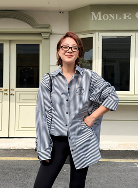 LEDIM WANG白标/黑白条纹衬衫女阔版衬衣纯棉宽松上衣25秋冬新款