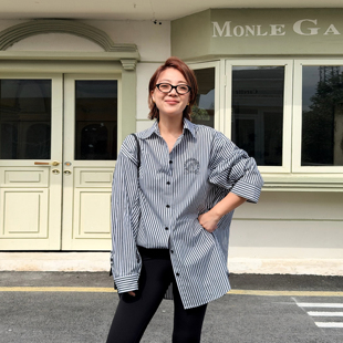 衬衣纯棉宽松上衣25秋冬新款 LEDIM 女阔版 黑白条纹衬衫 WANG白标