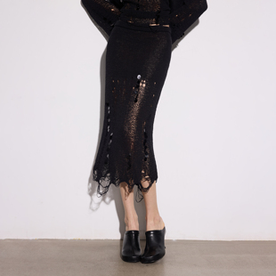 中长裙26春夏新款 LEDIM WANG破洞慵懒针织半身裙女黑色包臀裙修身