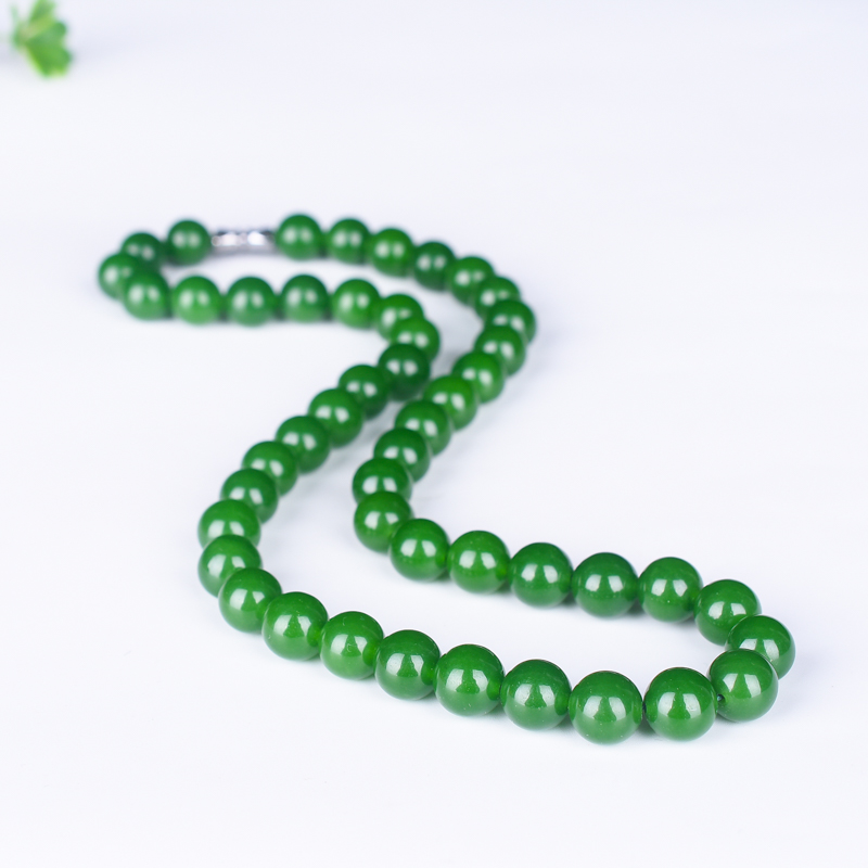 新疆和田玉碧玉项链 圆珠时尚菠菜绿项链女款10mm送妈妈女友礼物