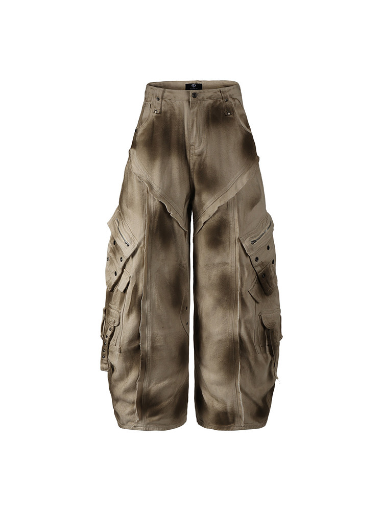 thumbnail for TR BRUSHSHIFT American vintage distressed inkjet jeans heavy work loose design mopping scimitar pants