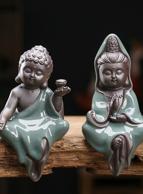 哥窑开片陶瓷人物小如来观