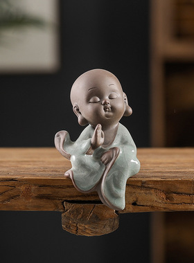 沙弥禅意配件茶桌摆设博古架中式摆件陶瓷弥勒佛小僧茶宠装饰品