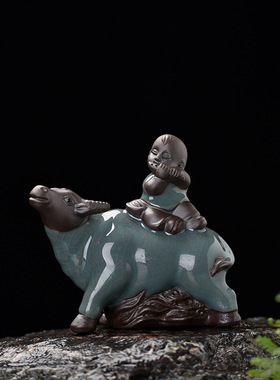 哥窑陶瓷牧童小摆件家居茶