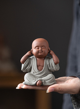 禅意三不小和尚摆件可爱陶瓷人物小沙弥茶室博古架茶桌茶台装饰品