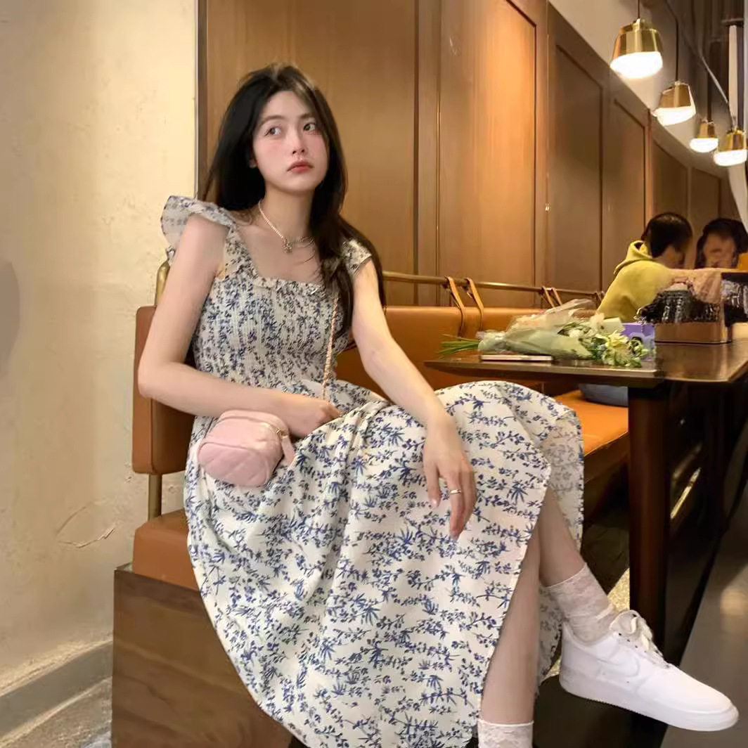 【绵绵奶酥】韩系小清新碎花连衣裙春秋蓝色高腰小飞袖中长裙女潮