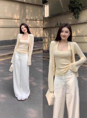 【清风解语】早秋穿搭一整套漂亮黄色针织开衫背心白色阔腿裤三件