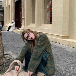 【墨色剪影】绿色毛衣2025年韩系打底衫复古慵懒风秋冬外套一整套