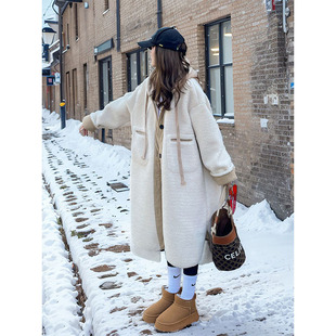 【北欧晚风】米白色连帽仿羊羔毛大衣女秋冬宽松慵懒中长毛绒外套