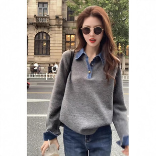 【雪夜情书】冷淡系撞色牛仔拼接Polo领长袖毛衣女冬季新款上衣女