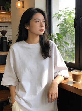 重磅270g美式纯棉宽松落肩短袖t恤女百搭夏季女士体恤基础款上衣