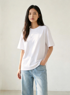 白色纯棉220g透气夏季短袖t恤女正肩舒适宽松2026新款半截袖上衣