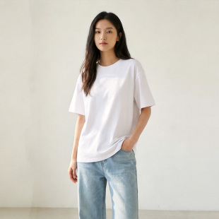 半截袖 t恤女正肩舒适宽松2026新款 上衣 短袖 白色纯棉220g透气夏季