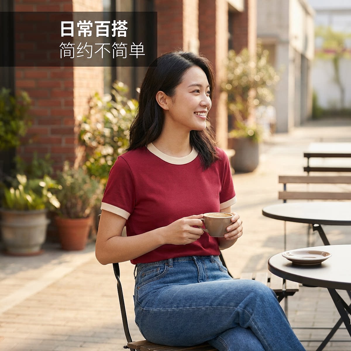 撞色拼接正肩短袖t恤女2026新款圆领枣红上衣女款百搭夏圆领半袖