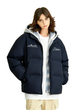 SNUN 美式双排字母加厚保暖假两件拉链开衫棉服棉袄连帽保暖棉衣