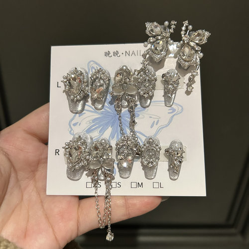 仙气蝴蝶 纯手工穿戴甲爆闪钻猫眼美甲穿戴甲新款美甲长款新年款