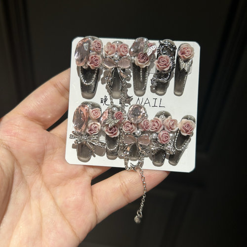 辣妹黑粉重工款长T梯形纯手工穿戴甲美甲贴片夏日上新可拆卸链条