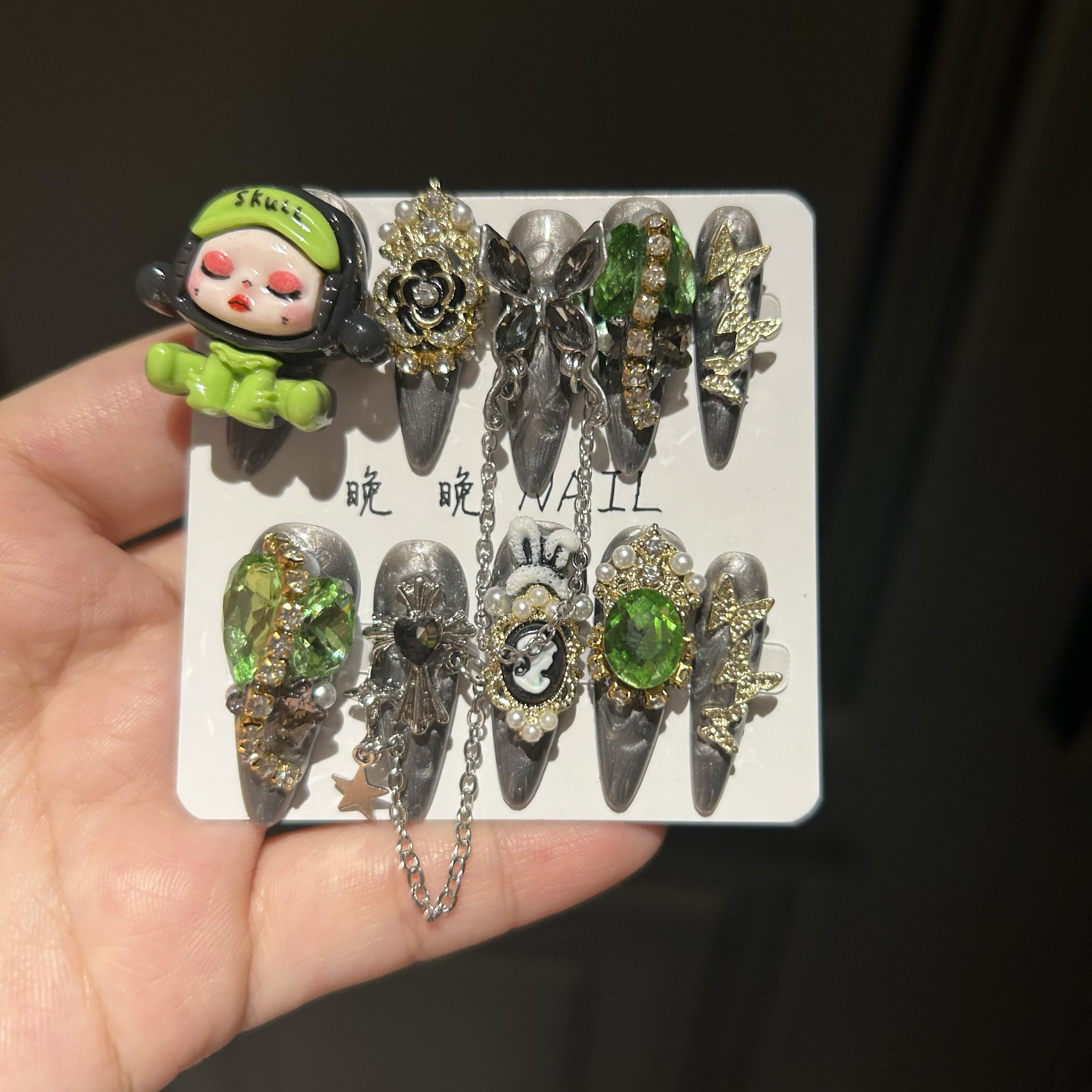绿色泡泡玛特穿戴甲纯手工定制美甲贴片成品假指甲可拆卸夏日新款