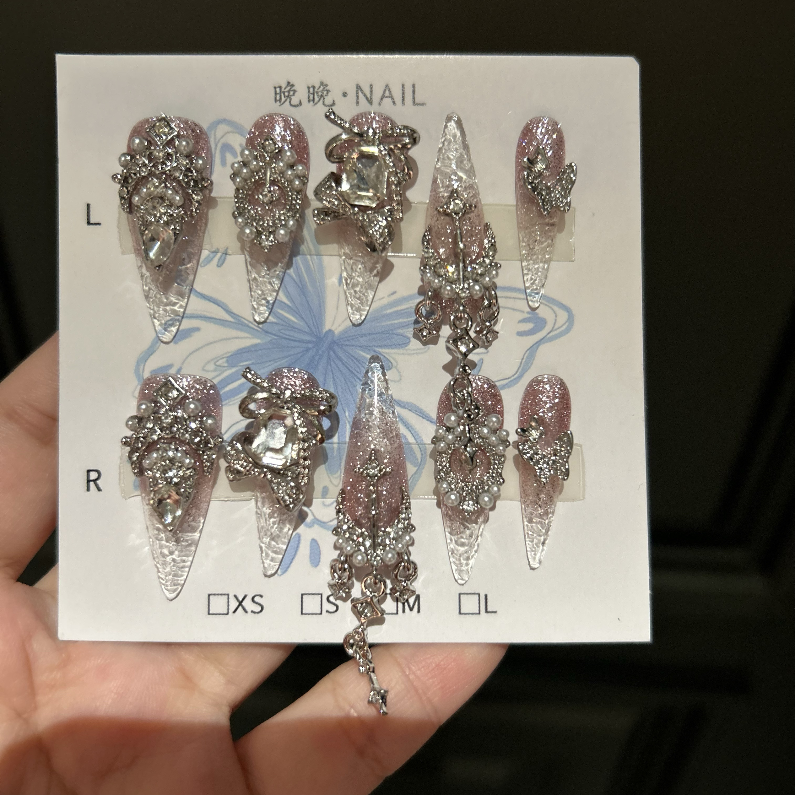 娇艳欲滴纯手工穿戴甲高级新年碎冰冰琉璃甲小众超长款手工美甲