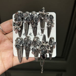 原创暗黑风高级玫瑰纯手工重工穿戴ins雕花美甲新款暗黑猫眼复古