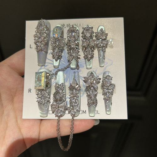 青狐 纯手工穿戴甲全锆东洲冰花钻穿戴甲高级显白气质猫眼美甲