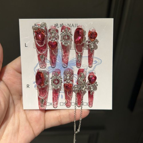 红彤彤 纯手工穿戴甲碎冰冰纹琉璃甲艳丽婚甲可拆美甲重工超长T