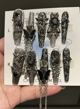 深渊 冷艳猫眼美甲纯手工穿戴甲魅惑灵气蛇纹紫光宝石流苏显白