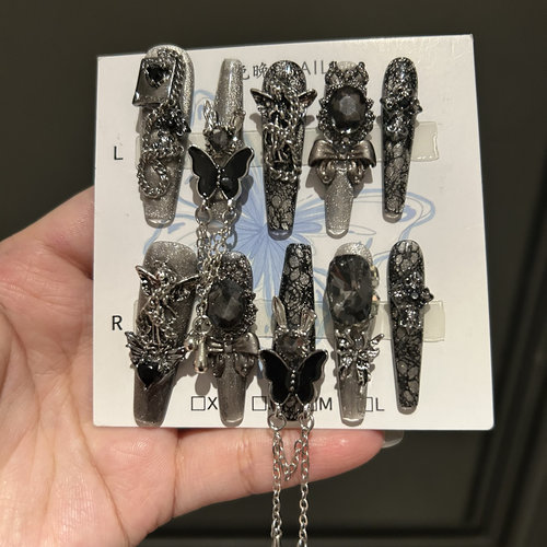 深渊 冷艳猫眼美甲纯手工穿戴甲魅惑灵气蛇纹紫光宝石流苏显白