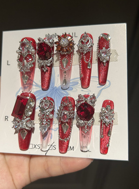 妖艳红颜 纯手工穿戴甲全锆东洲钻重工私人高订款轻奢蛇年美甲