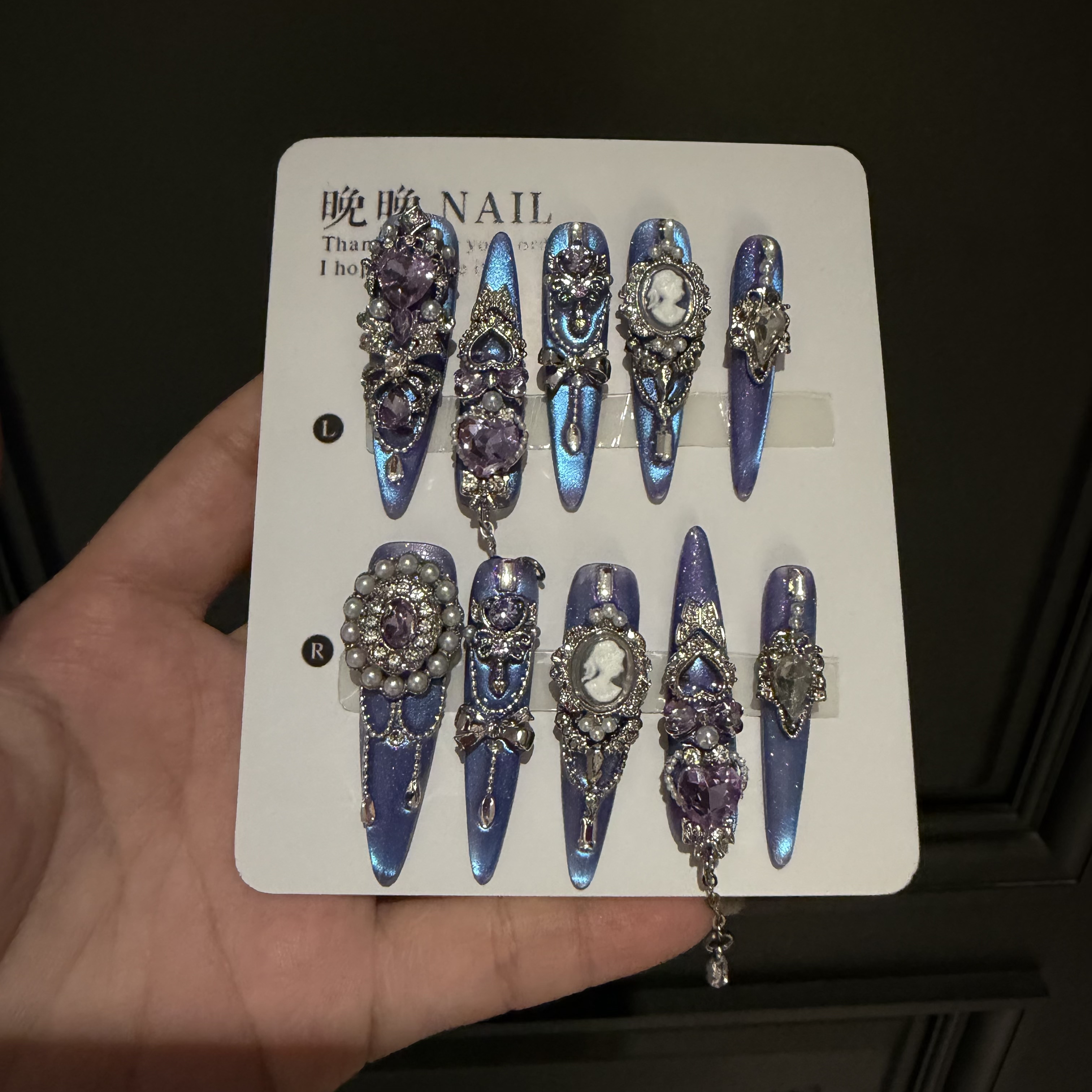 篮曦 纯手工穿戴甲蝴蝶流苏蓝色新款气质显白贴片新款手工美甲