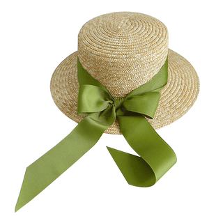 春夏季草帽女士平檐日系小清新平顶小礼帽法式绿色蝴蝶结百搭帽子