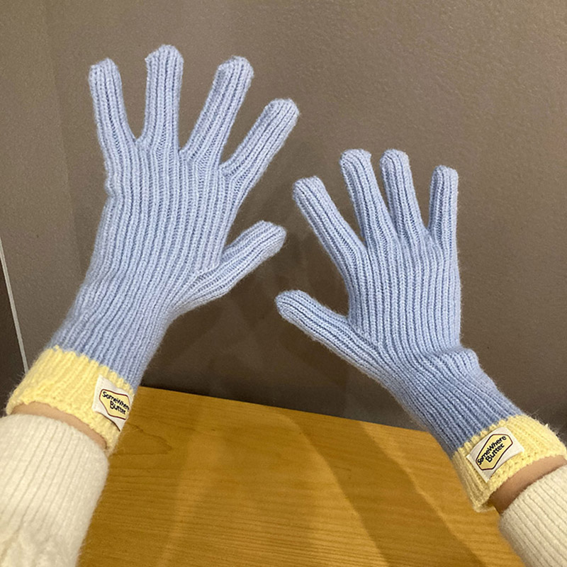 手套女冬季毛线针织加厚韩版百搭拼色露指可触屏情侣保暖分指防寒