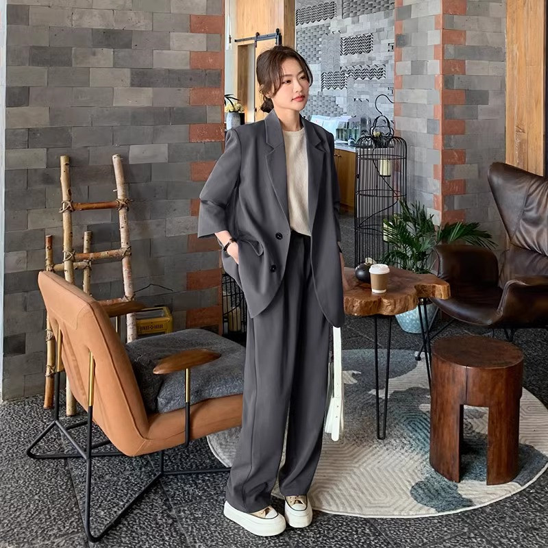 MOJI PLNOY灰色女士西装套装女春2025新款韩版修身设计感高端西服