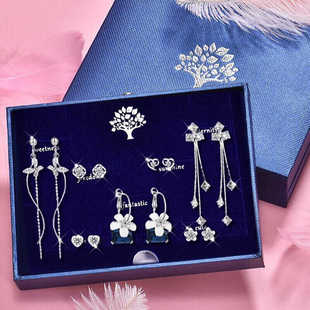 高级耳钉情人节礼品实用 纯银耳钉女生日礼物送女生一周银耳环套装