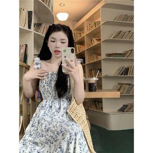 海边度假风蓝色碎花裙小飞袖 气质长裙 吊带裙连衣裙女夏季 裙子修身