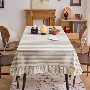 新中式 田园荷叶边餐桌布茶几盖巾 素雅条纹高级感棉麻布艺桌布法式