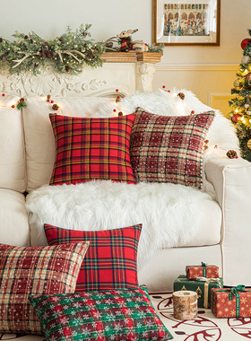 棉麻复古红色格子印花抱枕套圣诞节新年氛围装饰床头靠枕沙发靠垫