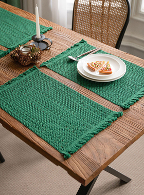 棉麻复古绿色拼接钩针餐垫棉线编织流苏餐具垫防烫隔热氛围感装饰